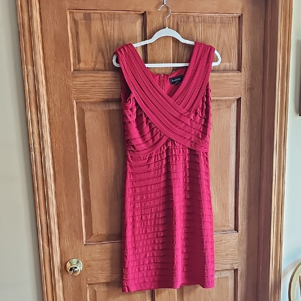 London Times Red Sheath V-neck Midi Dress